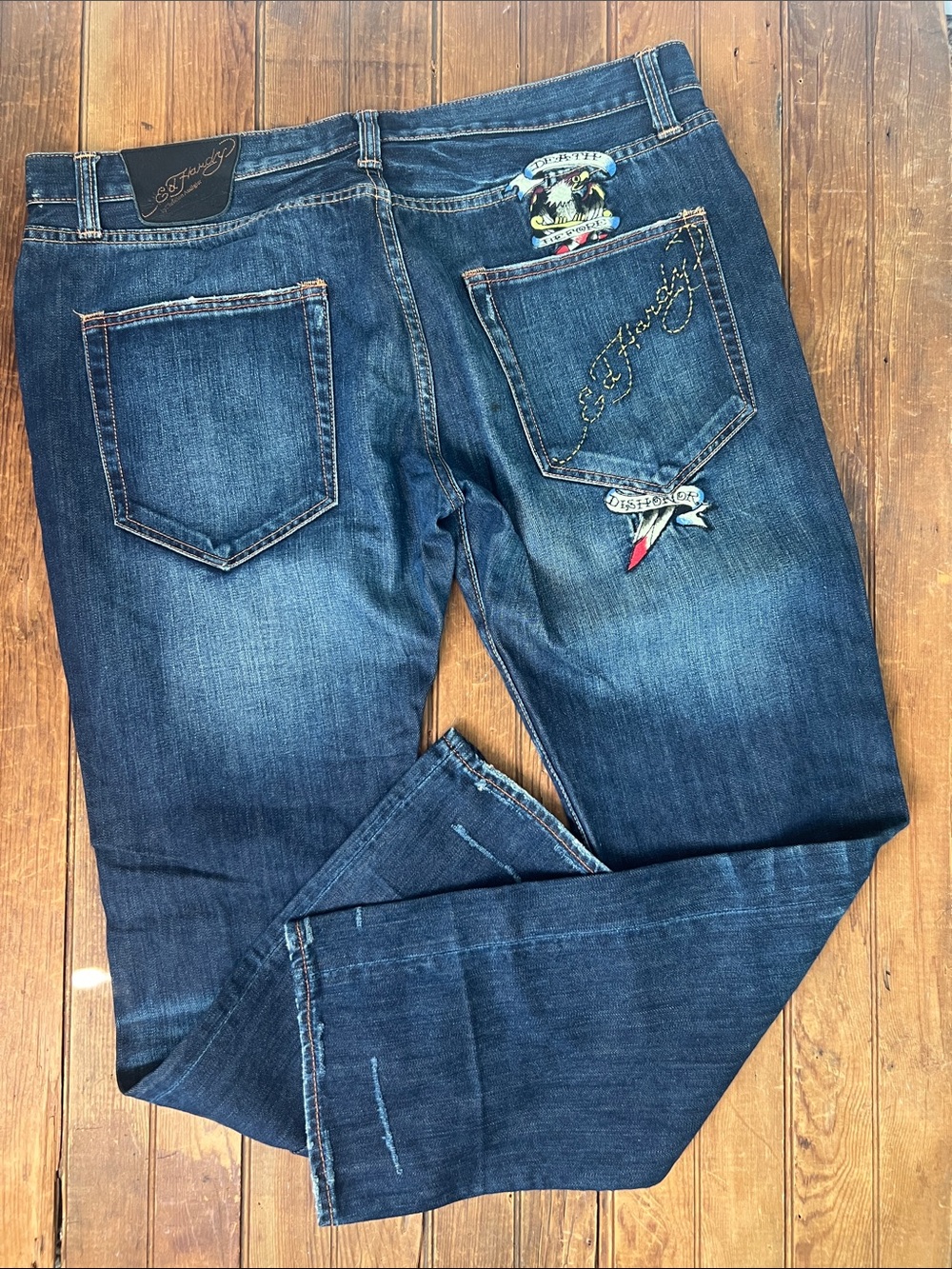 Vintage 90s Ed Hardy Men's Blue Slim Straight Jeans with Embroidered Back Pocket
